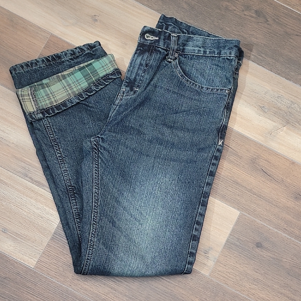 Blue Jeans with Green plaid lining size 10 Berne brand.